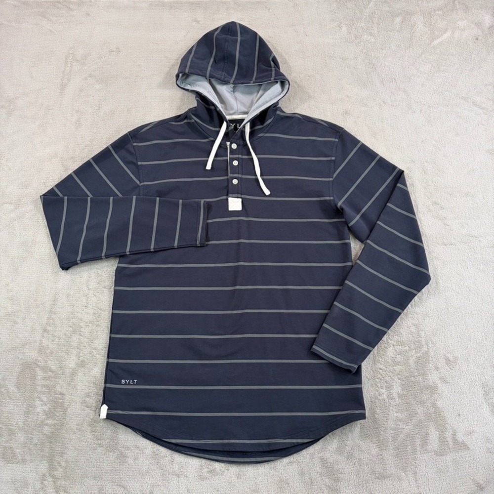 BYLT Drop Cut Hooded Henley Lux Men Medium Navy Grey Long Sleeve Hoodie Shirt